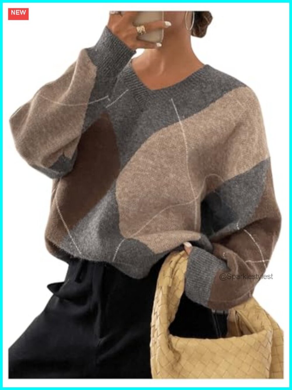 Plaid V Neck Drop Shoulder Long Sleeve Pullover Sweater Knitwear